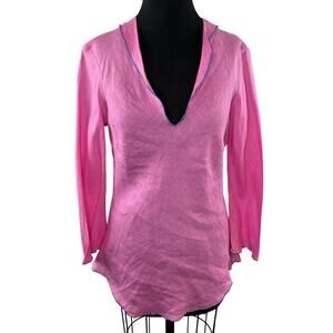 The Top of Nantucket Pink Long Sleeve Contrast Trim V-Neck 100% Linen Top Size M